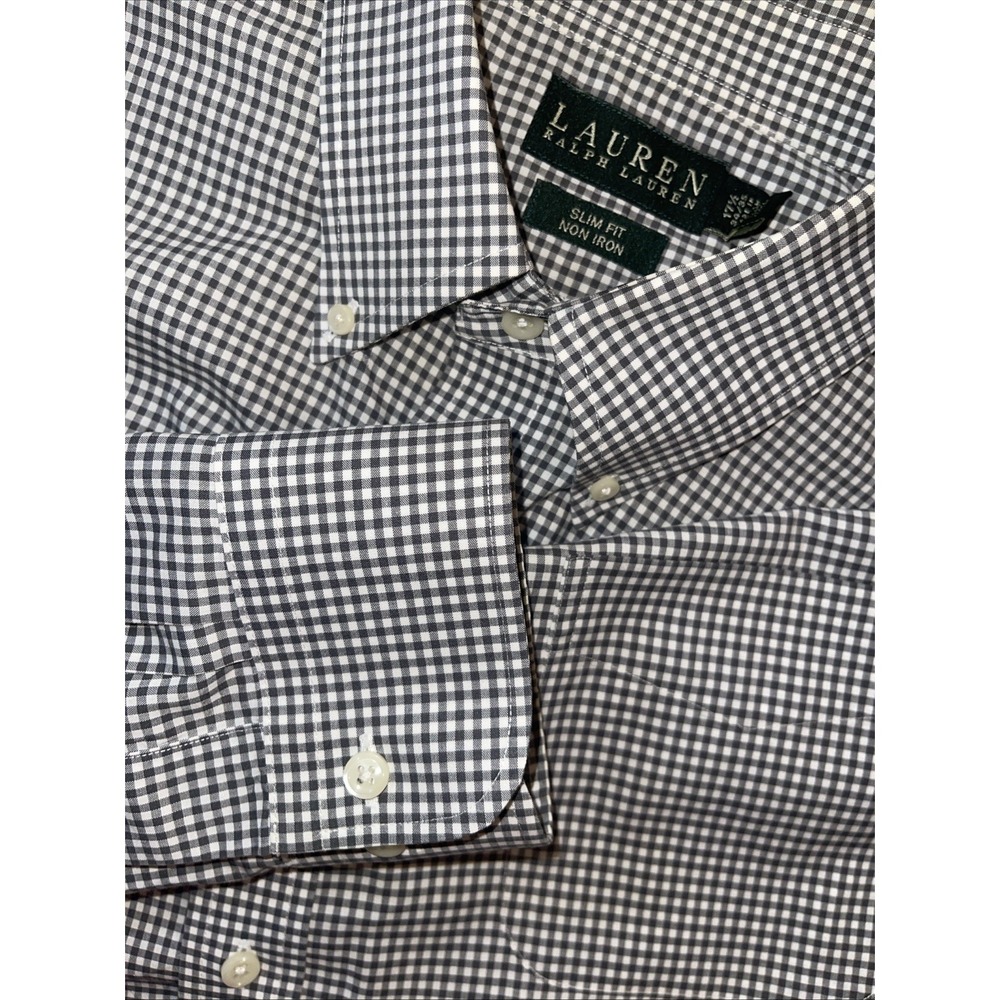 Lauren Ralph Lauren‎ Shirt Men 17.5 Slim Fit Gingham Check Long Sleeve Preppy